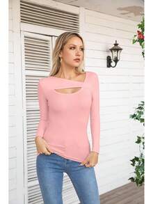 Womens Fashion Fall Cutout Long Sleeve Ribbed Slim Fitted Tops Shirts Tee Tshirts - Long-light Pink - View 2