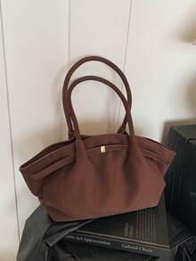1pc Solid Color Suede Fabric Shoulder Bag For Women, Vintage Fashion Large Capacity Handbag With Dual Handles And Snap Closure, Suitable For Travel, Shopping, Dating, Women's Gift, Suitable For Teenage Girls, College Students, And Office Ladies, Great For Office, School, Work, Business, Commuting, Outdoor, Travel, Picnic, New Fall Fashion 2025 For Women - 咖啡棕 - 查看 2