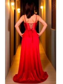 VESTIDO DE FIESTA ELEGANTE FALDA AMPLIA Y CORSET - Rojo - Ver 4