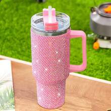 Vaso Taza Térmico Acero Inoxidable 40oz Con Calor/frí Viaje, pajita y cepillo de limpieza, taza de viaje isotérmica de acero inoxidable reutilizable con diamantes Taza isotérmica de acero inoxidable / hervidor al vacío de acero inoxidable degradado en varios colores, Vaso Thermo Termo Brillos Con Asa 40 Oz Frio O Caliente ,como regalo navideño para novias, familias - rosa rosa - Ver 6