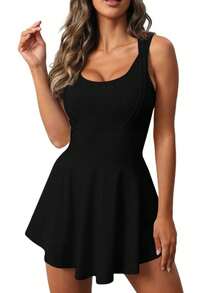 Fisoew Women's All-In-One Tennis Dress, Built-In Shorts & Pockets, Quick-Dry Sleeveless Athletic Dress For Golf & Sports Training - Black - View 3