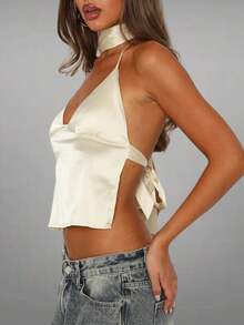 Women Y2k Satin Halter Tops With Scarf Solid Color Sleeveless Open Back Crop Cami Tops Backless Spaghetti Strap Tank Tops Slim Fit Shirts Going Out Tops Summer Party Club Streetwear Aesthetic Clothes - 白色 - 查看 4