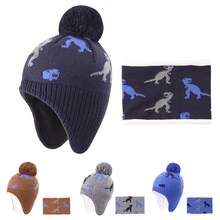 Winter Toddler Boys Hat Dinosaur Warm Scarf Set Pompom Baby Beanie Knitted Baby Hat Scarf Gloves Earflaps