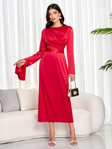 女士优雅红色不对称袖扣腰连衣裙，优雅晚会长裙 - 紅木色 - 查看 6