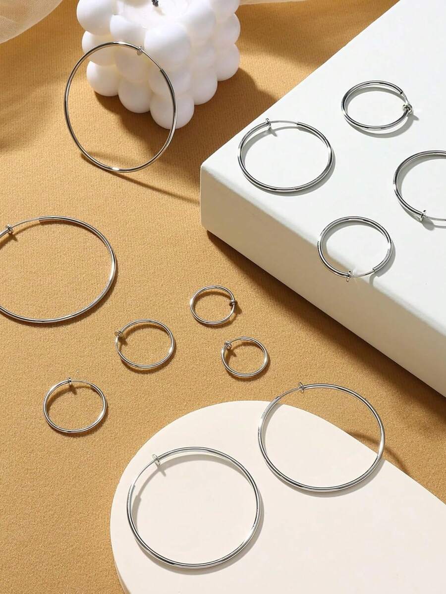 6 Pairs Clip On Hoop Earrings For Women Fake Hoop Earrings Spring Hoop Earrings Set For Non-Pierced Ears Jewelry 6 Sizes - Bạc (20/25/30/40/50/60mm) - Xem 1