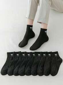 8 Pairs Random Mixed Color Solid Simple Style Children Socks, Versatile Casual Everyday Wear, Infant Mid-Calf Socks With Black & White Bow Pattern - Multicolor - View 6