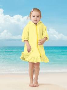 1pc Girls' Hooded Zip-Up Swim Cover-Up, Cute Puff Sleeve With Skirt, Available In Multiple Ages, Absorbent Towel Fabric, Suitable For Toddlers And Children, Essential For Home, Swimming, And Bathing