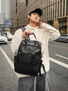 Business, Fashion, Casual, Autumn/Winter, New, Versatile, Minimalist, Retro, Daily Commute, Work, Business Trip, Outfit, Sports, School, Motorcycle, Riding, Party, Date, Travel, Vacation, Hiking, Camping, PU, Soft Leather, Backpack Back-To-School Season - A - View 8