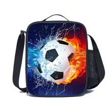 Football/Astronaut Pattern Kids/Adults Insulated Lunch Box/Bag With Adjustable Shoulder Strap, Side Pockets, Suitable For Camping, Hiking, Picnic, Beach, Travel - Black - View 15