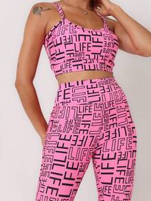 Conjunto Fitness LIFE Feminino Estampado com Top com Bojo + Legging de Alta Compressão - Pink/Preto - Visão 5