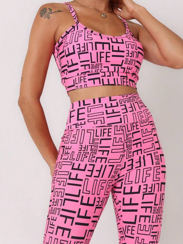 Conjunto Fitness LIFE Feminino Estampado com Top com Bojo + Legging de Alta Compressão - Pink/Preto - Visão 4