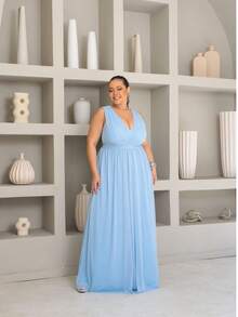 Simple And Elegant Bridesmaid Wedding Guest Party Dress With A V-Neckline And A Lackluster Look - Xanh dầu mỏ - Xem 3