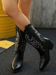 2025 Thick Heel Mid-Calf Fashion Boots For Women, Embroidery V-Cut High Shaft Retro Pointed Toe Riding Boots - Black - View 6