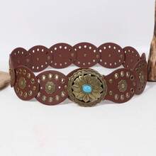 1pc Women's Western Cowgirl Style Boho Chic Country Belt, Women's Bronze Oval Turquoise Decor Buckle, Bronze Floral Accent Patchwork Belt, Suitable For Dresses, Skirts, Jeans, Work And Vacation Outfits - Coffee Brown - View 4