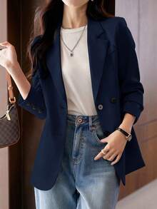 Women's Single Breasted Long Sleeve Blazer With Buttoned Cuffs - Navy Blue - View 3