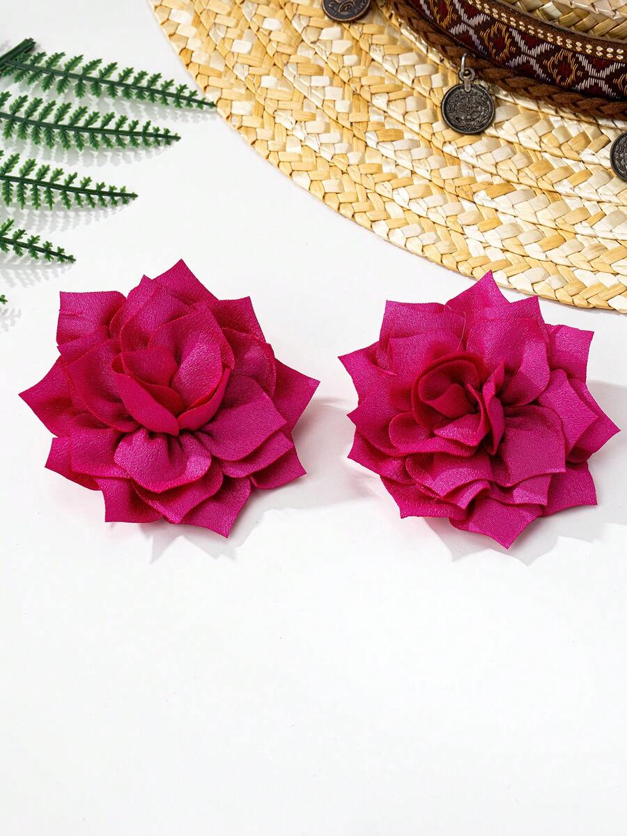 1 Pasang Anting Liontin Bunga Kain Gaya Bohemian Elegan, Cocok untuk Pakaian Sehari-hari dan Liburan, Bunga Merah - Hot Pink - View 1