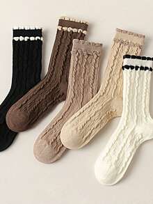 1/5 Pairs Women's Marl Color Cable Knit Double Layer Ruffle Hem Retro Style Mid-Calf Socks