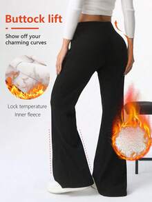 Women's High Waist Flare Pants, Thermal Lined Wool Warm Trousers For Autumn/Winter, Solid Color Elastic Waist Slim Fit Leggings, Suitable For Cold Weather And Outdoor Activities