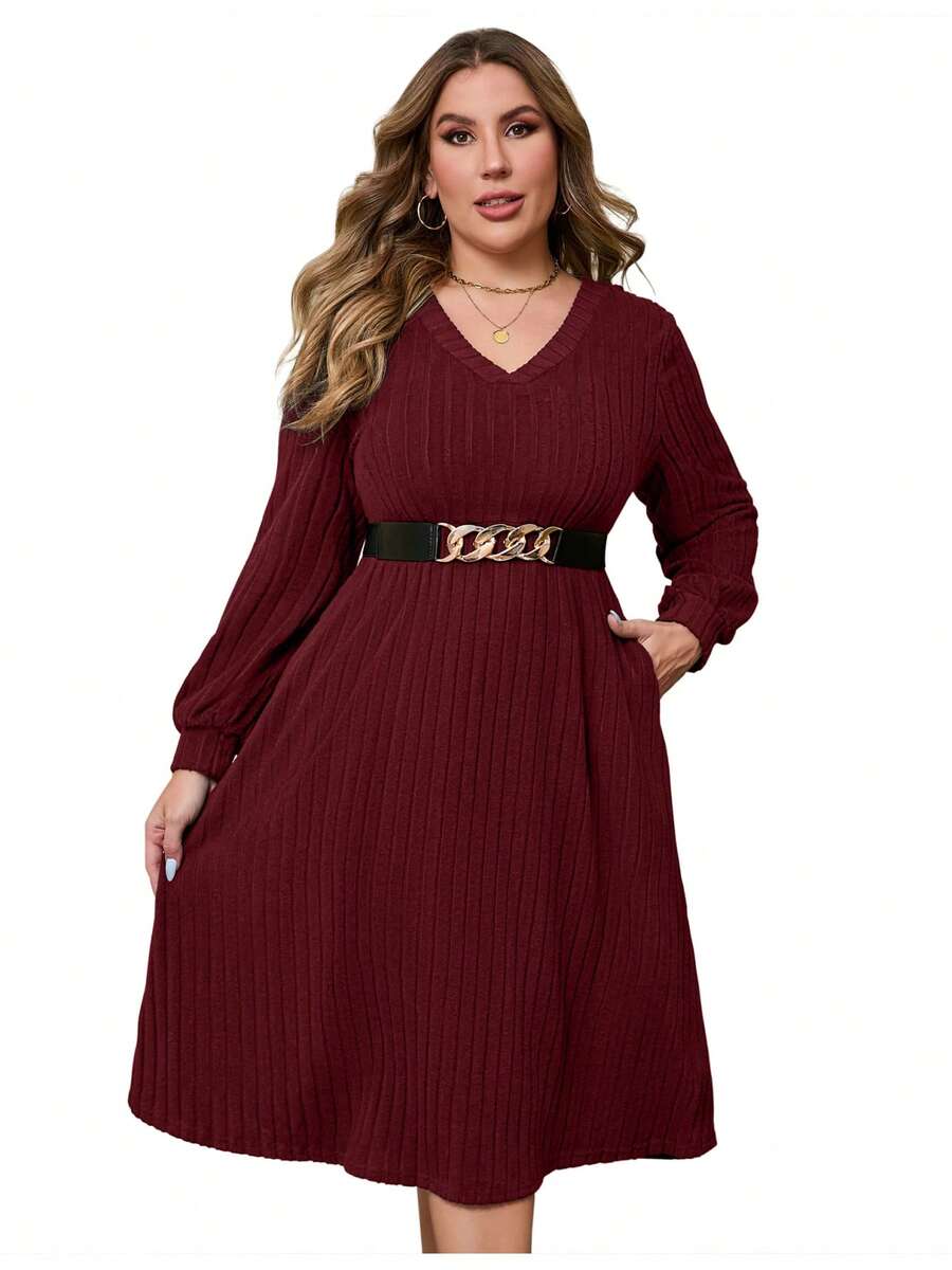 Women's Plus Size V-Neck Ribbed Dress With Removable BeltLong Sleeve A-Line Midi Dress - 酒紅色 - 查看 1