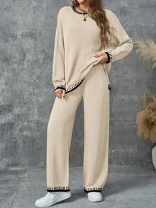 Women's 2Pcs Color Block Sweater Set Long Sleeve Crew Neck Sweater Top And Long Pants, Women Casual 2 Pieces Autumn Winter Outfits Loungwear Set