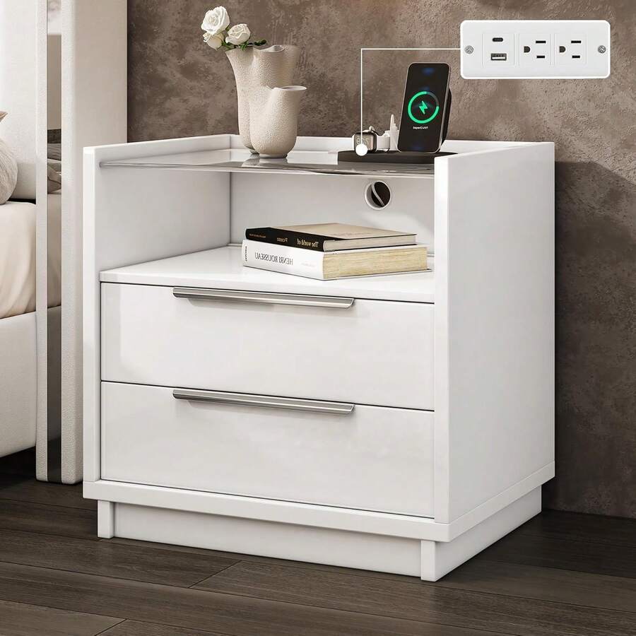 Nightstand Set Of 2, 23.6'' End Table With Charging Station, Modern High Gloss Bedside Table With Glass Top, Spacious Drawers And Open Shelf, Stylish Nightstand For Sleeping Area, Easy Assembly, White - 白色 - 查看 1