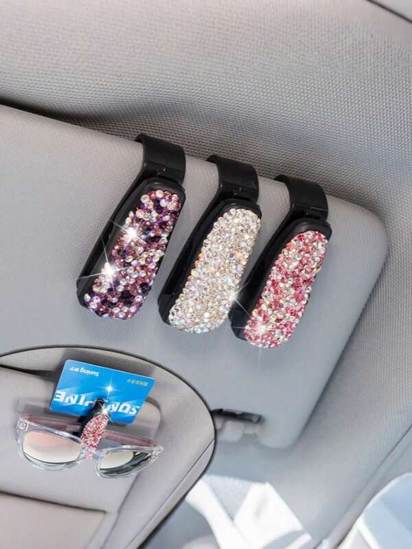 1Pc Diamond Car Glasses Holder, Stylish And Practical Sun Visor Accessory, High Quality ABS Plastic With Crystal Inlay, Luxurious Appearance, Strong Clamping Force, Won't Fall Off, Protective Sponge Layer, Prevents Scratches On Glasses And Dashboard, Mini Compact Design, For Clear Vision, Stores Glasses ID Cards Toll Tickets, Includes Ticket Holder, Available In Multiple Colors, Fits All Car Sunglasses Hooks