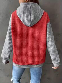 Plus Size Women Solid Color Jacquard Knit Loose Casual Sweatshirt Spring - Red Gray - View 2