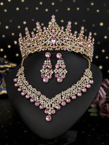 1 套女士婚礼珠宝新娘配饰 - 水晶皇冠、奢华项链和耳环 4 件婚纱装饰套装，适合婚礼、新娘礼服、派对、宴会 - 粉色 - 查看 14