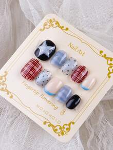 10 片杏仁形按压指甲法式手工制作简约时尚星形格纹清新猫眼，全覆盖易粘贴设计，适合女性海滩度假和派对 - Model M 美甲用品 - 彩色 - 查看 5