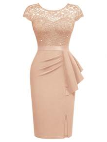 MIUSOL Women's Elegant Contrast Lace Sequin Insert Ruffle Trim Ruched Wrap Hem Bodycon Dress, Round Neck, Cap Sleeves, Perfect For Easter, Mother Day, Cocktail Party, Evening, Wedding Party - 香檳色 - 查看 6