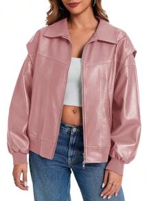 Womens Oversized Leather Bomber Jacket Zip Up Moto Coat With Pockets