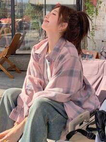 Pink Plaid Long Sleeve Shirt, Casual Loose Fit Suitable For Early Autumn Spring - Pink - View 7