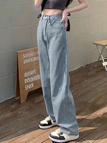 新款女式宽松阔腿直筒牛仔裤，修身百搭 - 淺藍色 - 查看 2