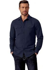 Camisa vaquera de manga larga para hombre, de algodón con botones y bolsillos, estilo trabajo - Azul Marino - Ver 2