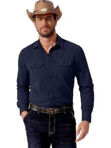 Camisa vaquera de manga larga para hombre, de algodón con botones y bolsillos, estilo trabajo - Azul Marino - Ver 3