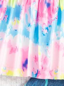 Young Girls Tie-Dye Flare Sleeve Round Neck Top + Heart Print Slim Fit Pants Set