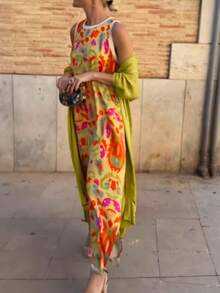 فستان نسائي أنيق بطبعات زهرية مع رداء، طقم من قطعتين، مقاسات كبيرة