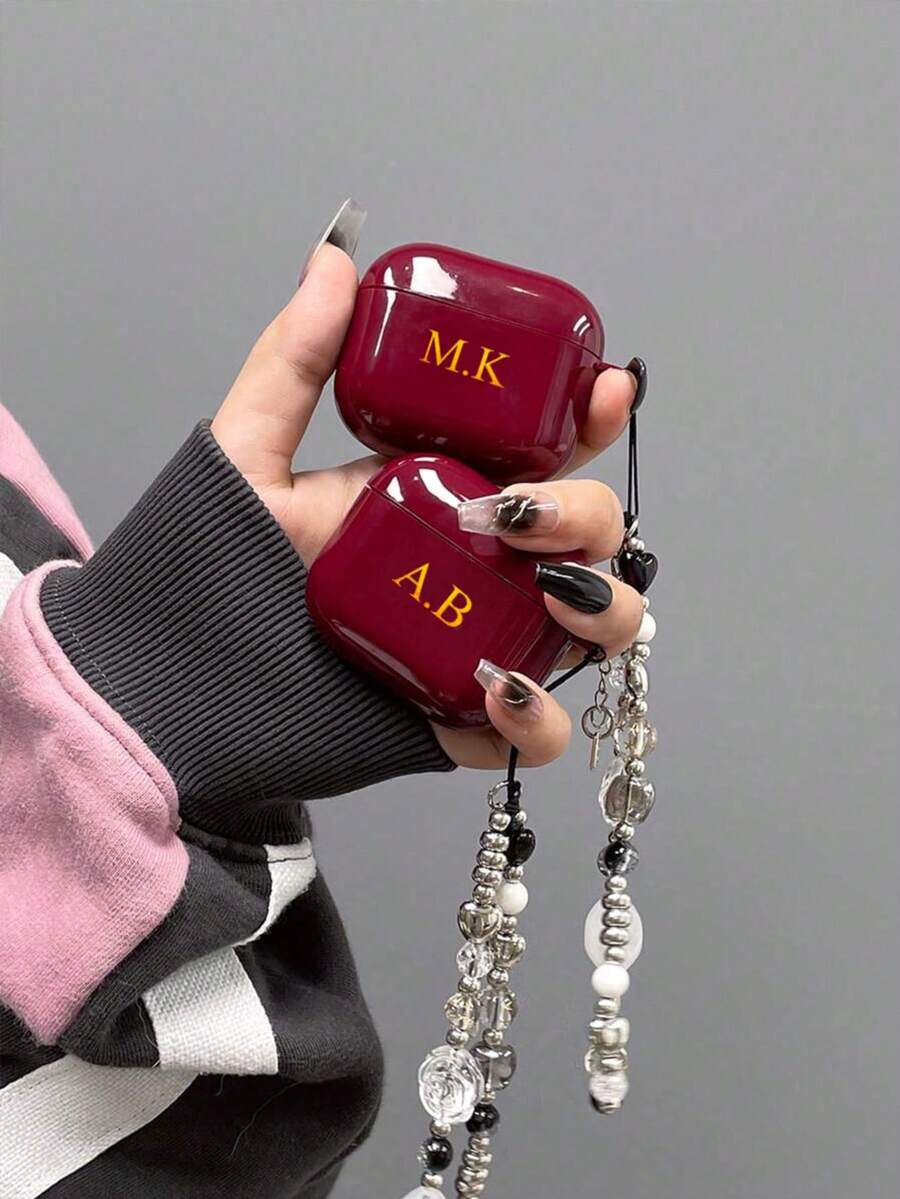 Vỏ bảo vệ tai nghe dễ thương màu đỏ rượu vang trơn tùy chỉnh (có dây treo pha lê) + Dây đeo hoa mạ điện tương thích với Apple 1/2, Pro 2/3, 4, Tên chữ cái tùy chỉnh, Trở lại trường, Quà tặng ngày lễ tình nhân, Quà tặng sinh nhật tuyệt vời, Quà tặng ngày lễ, Quà tặng cho nam và nữ, Quà tặng cá nhân hóa - Màu Đỏ Sâu - Xem 1