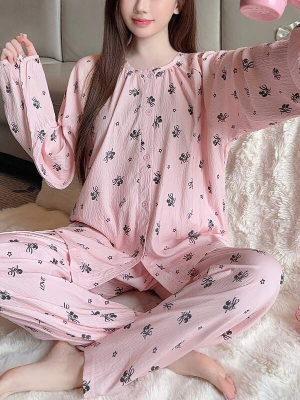 2pcs/Set Women's Pink Floral Print Long Sleeve Shirt And Long Pants Pajama Set, Collared Crinkle Fabric Loungewear, Fall Winter Clothes