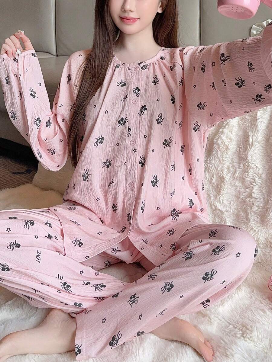 2 Stück/Set Damen Rosa Blumen Langarm Hemd und lange Hose Pyjama Set, Kragen Crinkle Stoff Loungewear, Herbstkleidung