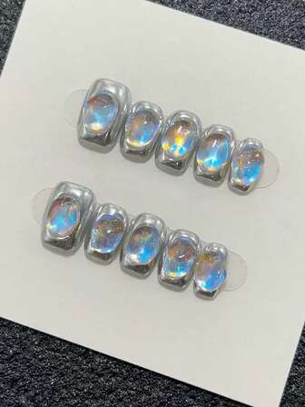 【男女同款】1片极光渐变短方形美甲片，未来机械感系列，酷炫高端手工美甲片，Y2K辣妹设计假指甲，镜面蛋白石手工新娘假指甲按压式指甲美甲用品美甲