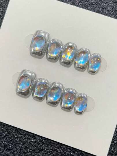 [Mismo estilo para hombres y mujeres] 1 pieza de piezas de arte de uñas cuadradas cortas con degradado de aurora, serie de sentido mecánico futuro, piezas de arte de uñas hechas a mano frías y de alta gama, diseño de chica caliente Y2K, uñas postizas de piedra de ópalo espejo hechas a mano para novia, uñas postizas, suministros para uñas