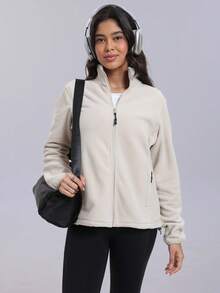 RUNONWHEELS 5 女士经典全拉链柔软保暖抓绒外套，羊羔绒内衬外套，仿毛皮长袖休闲拉链飞行员夹克，户外保暖，适合春、秋、冬运动和滑雪穿着 - 米色 - 查看 7