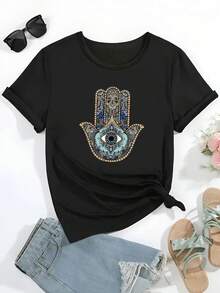 A Women's Bohemian-Style Short-Sleeved T-Shirt - Elegant Hamsa Hand And Eye Design, Round Neck Blouse With Elastic Sleeves, Machine Washable, Casual Shirt For Year-Round Wear. Unisex T-Shirt - 黑色 - 查看 3