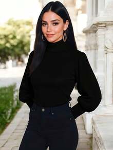 Suéter de Cuello Alto con Mangas Abullonadas de Color Sólido Casual para Mujer Otoño Invierno - Negro - Ver 3