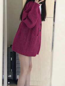 Alicedudu 女式秋冬宽松简约纽扣大口袋开衫 - 玫紅色 - 查看 4