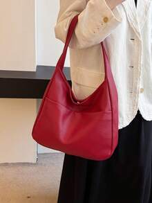 时尚纯色荔枝纹面料设计女士单肩包，现代高级可折叠收纳手提包，简约百搭休闲校园通勤包，适合大学生日常出行，轻便大容量收纳学生单肩包 - 紅色 - 查看 5