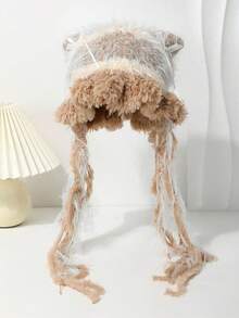 1件女士手工针织可爱猫耳水母帽，秋冬新款朋克甜美Y2K柔软针织帽，时尚百搭，款式随机发货