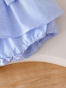 Baby Mädchen süßer karierter ärmelloser Romper mit 3D Schleifen Dekor und Knopfdesign, geeignet für tägliche Ausflüge, Frühling/Sommer - Blau - Übersicht 7