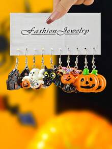 10/30/60pcs Halloween Cute & Funny Pumpkin Bat Zombie Ghost Black Cat Spider Witch Hat Resin Pendant Earrings Halloween Gift Set - Multicolor - View 7